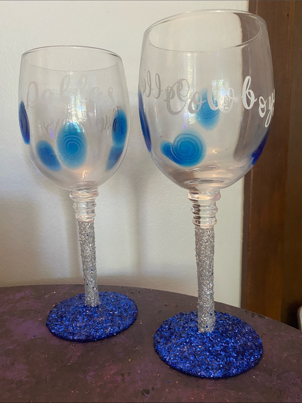 Hand-Painted Blue Dot Wine Glasses with Glitter Stem